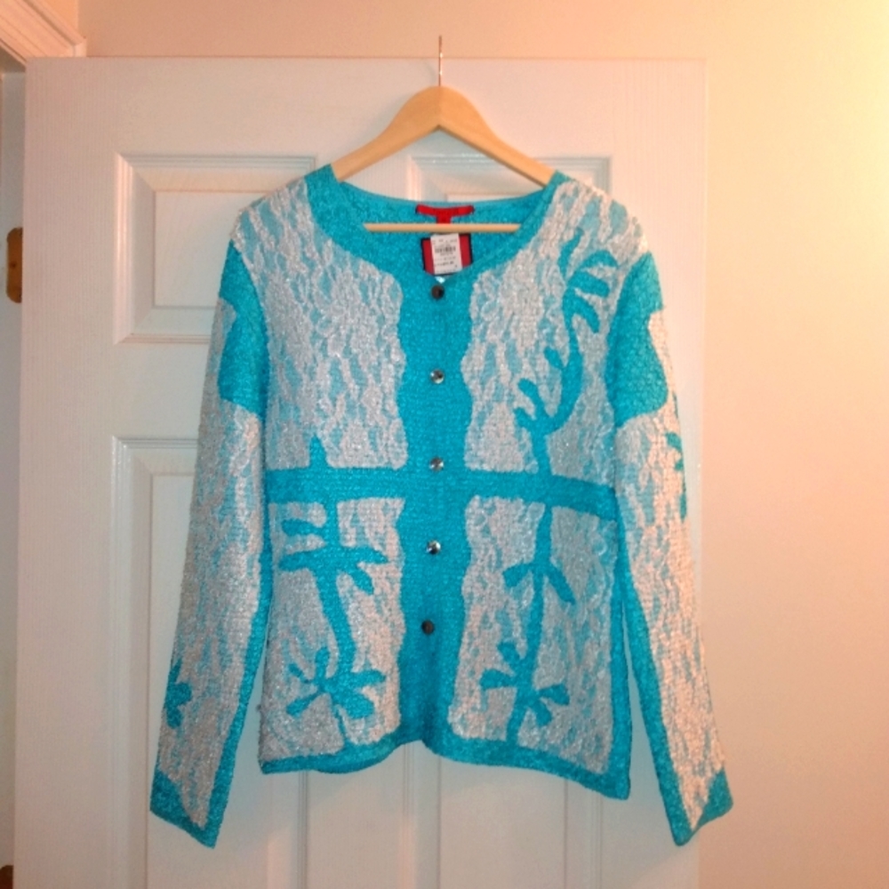 Joni B. Brand lace crinkle teal blue and white light weight  jacket size…